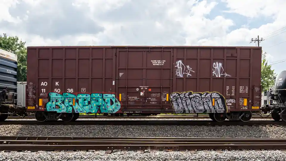 A brown freight train car covered in graffiti, including a large turquoise 'BREAD' tag and a gray cartoonish face tag, sits…