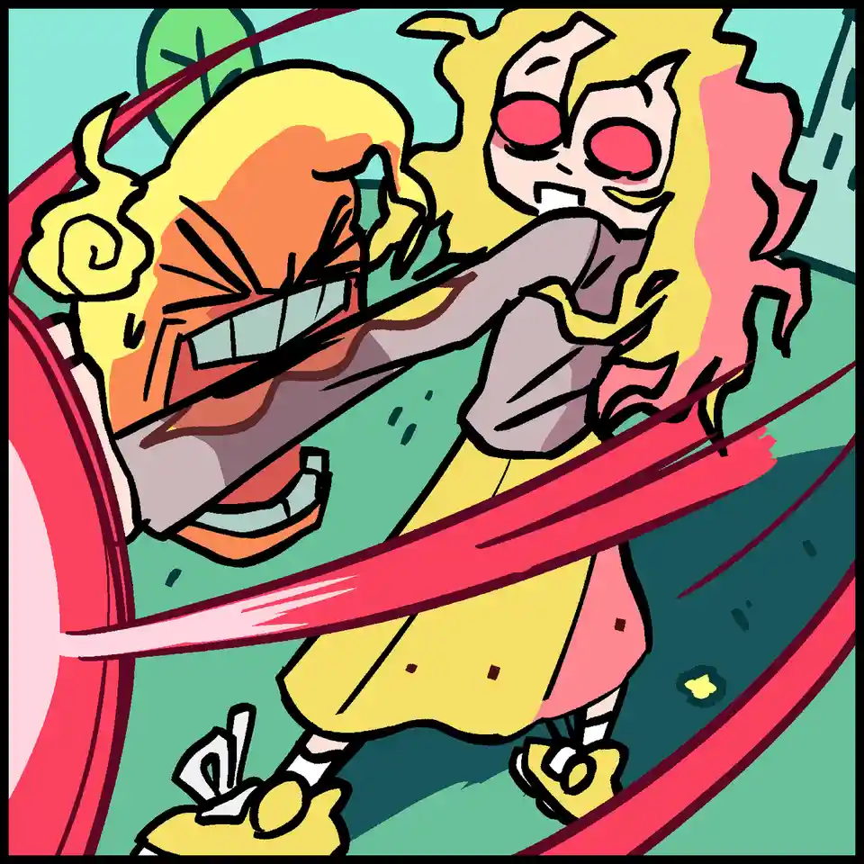A cartoon drawing shows a blonde-haired character with red eyes and a yellow dress grabbing the arm of another blonde-haired…