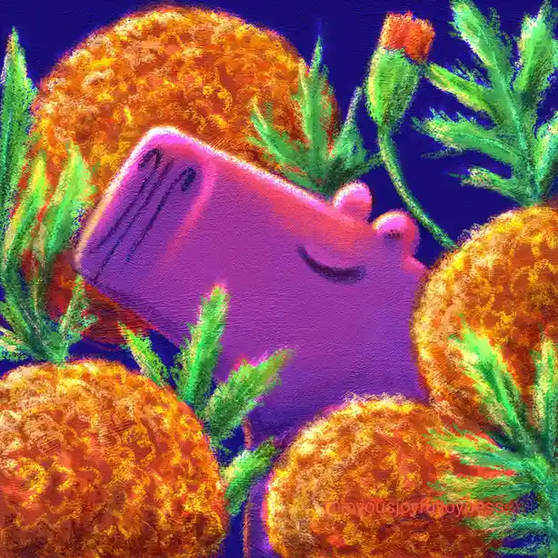 A stylized, painterly image shows a purple, smiling, cartoonish creature with closed eyes, nestled among several large…