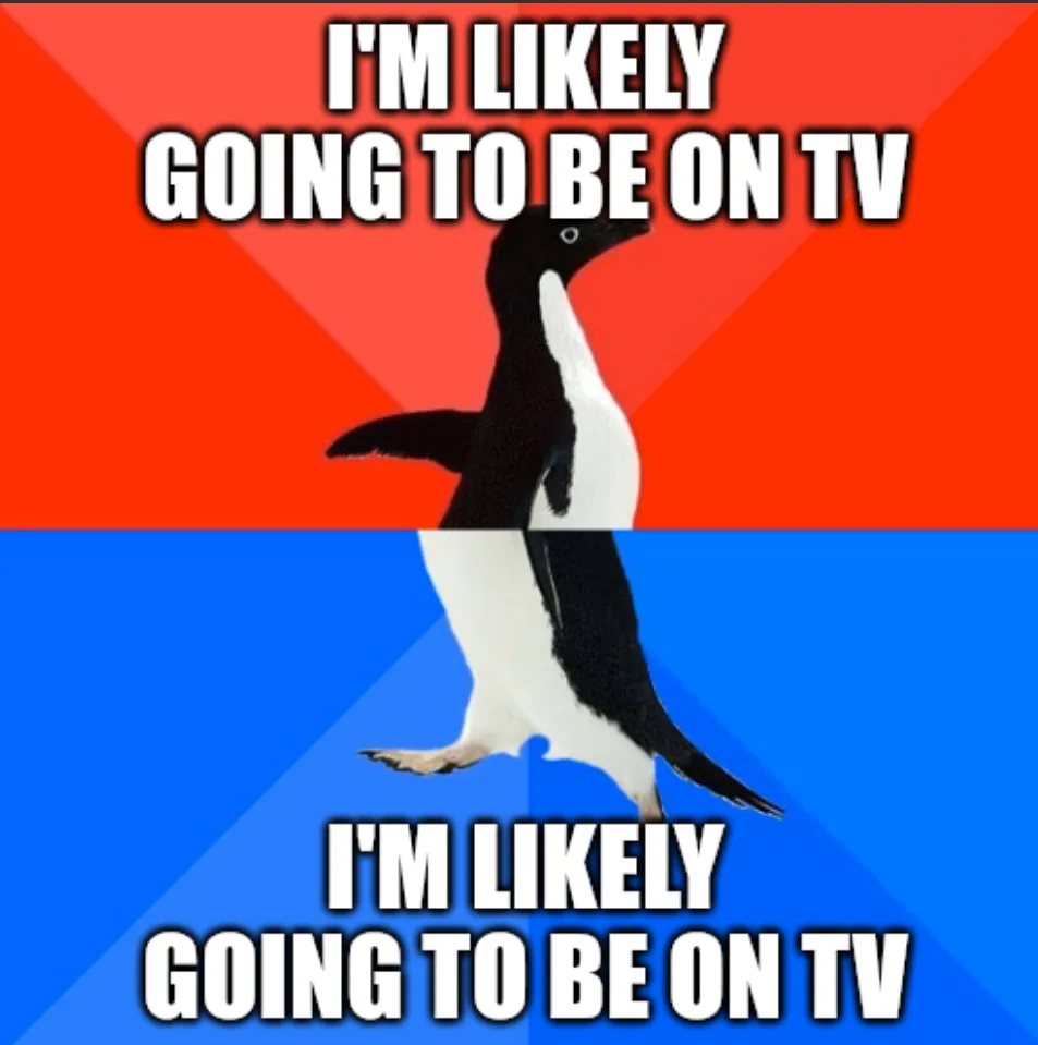 A black-and-white penguin stands centered against a red-and-blue background, with the identical text 'I'M LIKELY GOING TO BE…