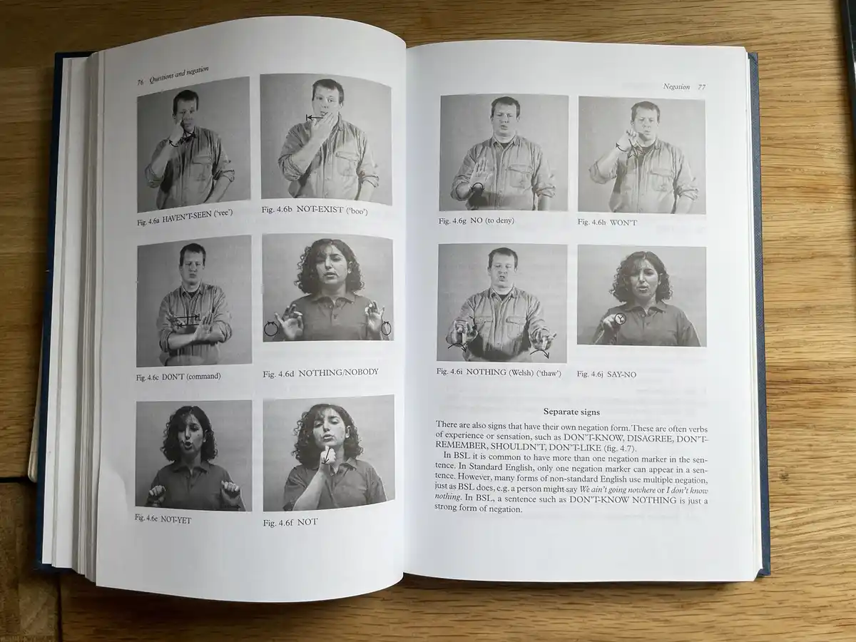 An open textbook page showing multiple black-and-white photos of people demonstrating British Sign Language (BSL) signs for…