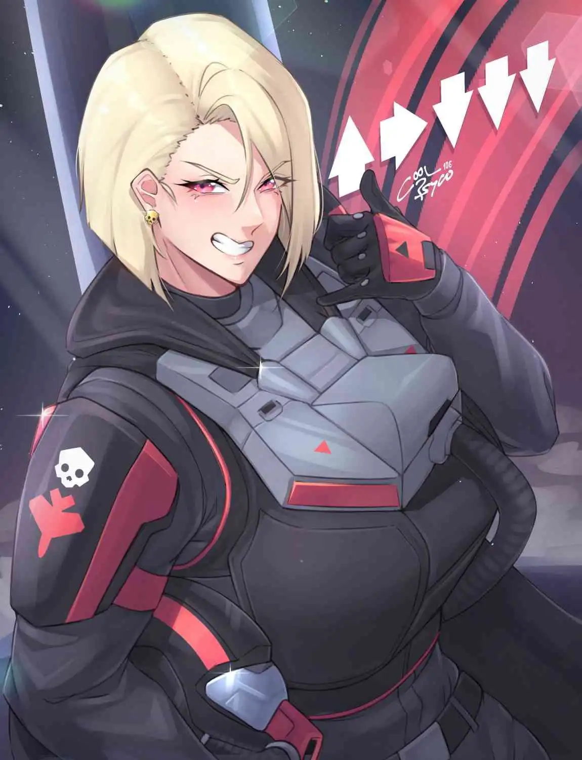 An anime-style illustration of a blonde woman in a black and red armored outfit with a skull emblem on her sleeve, giving a…