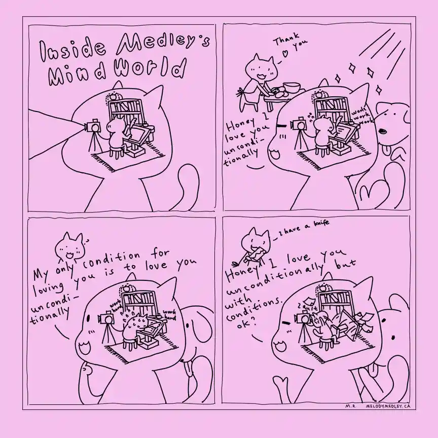 A four-panel comic strip with a pink background, showing a cat's inner thoughts while working at a desk. The cat is shown…