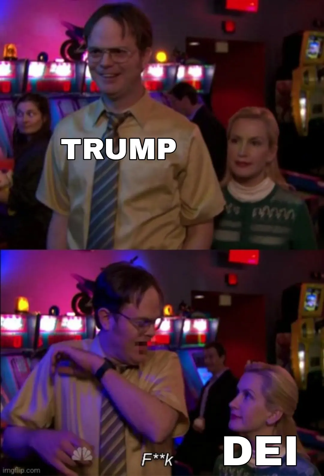 The image is a two-panel meme featuring the character Dwight Schrute from 'The Office' in a arcade. In the top panel, he…