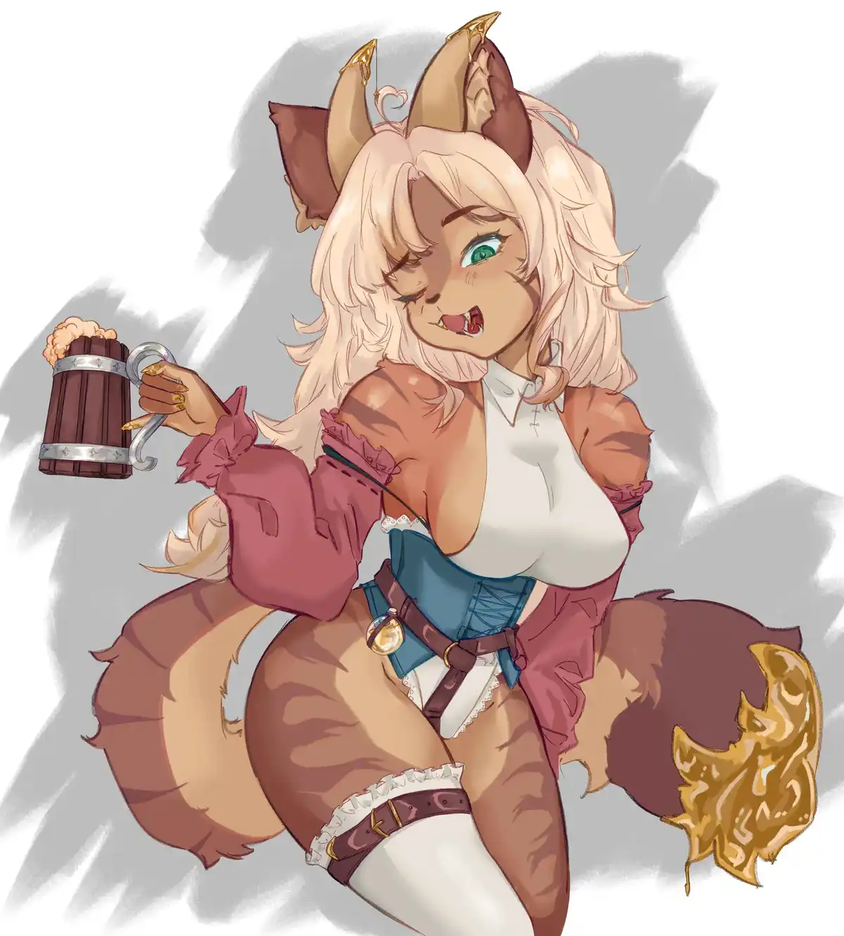 An anime-style illustration of a female anthropomorphic fox with blonde hair, green eyes, and brown fur, wearing a revealing…
