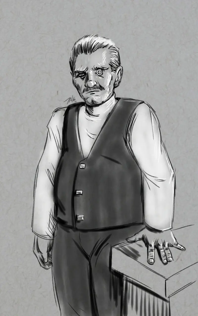 A black-and-white sketch of a stern-looking older man with a mustache, wearing a vest over a shirt and standing with one…