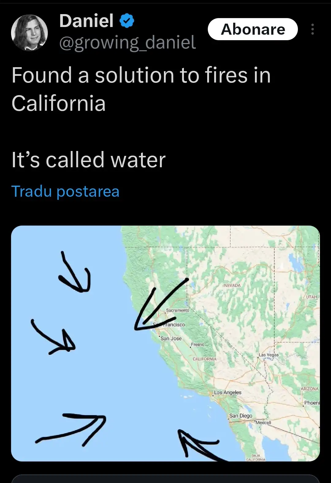 A screenshot of a social media post showing a map of California with several large arrows drawn in black ink pointing from…