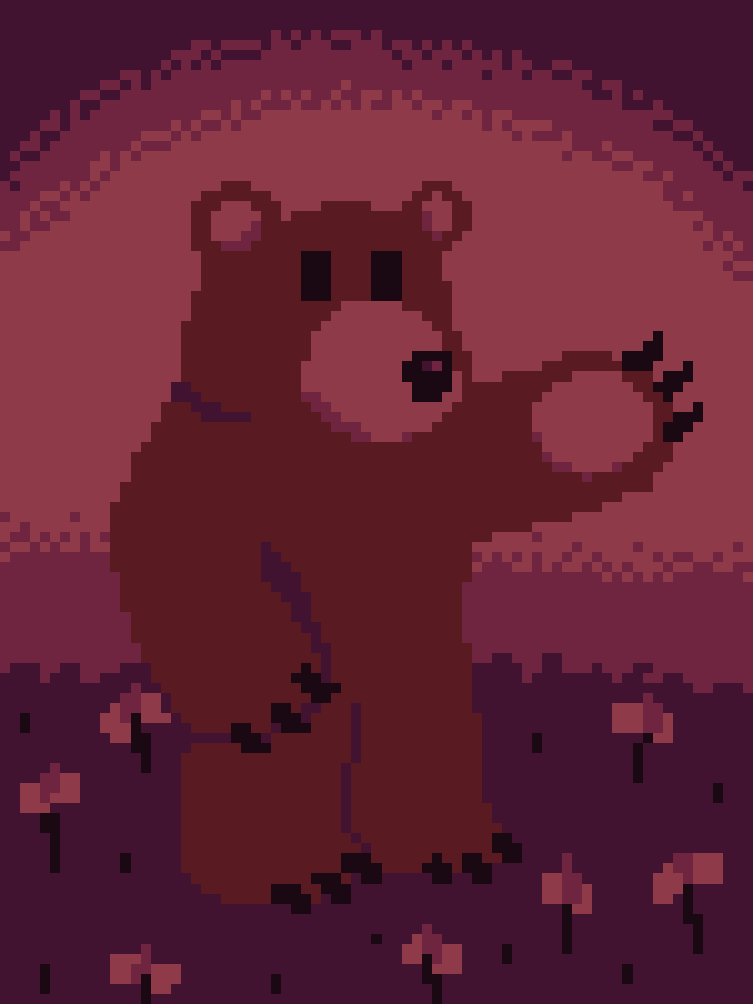 A pixelated, low-resolution image shows a brown bear standing upright in a forest setting with mushrooms and trees. The bear…