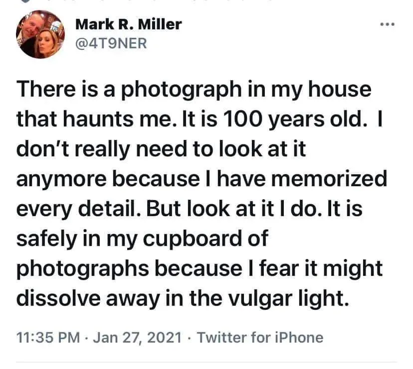 A screenshot of a tweet by Mark R. Miller (@4T9NER) from January 27, 2021, showing a block of text that reads: 'There is a…