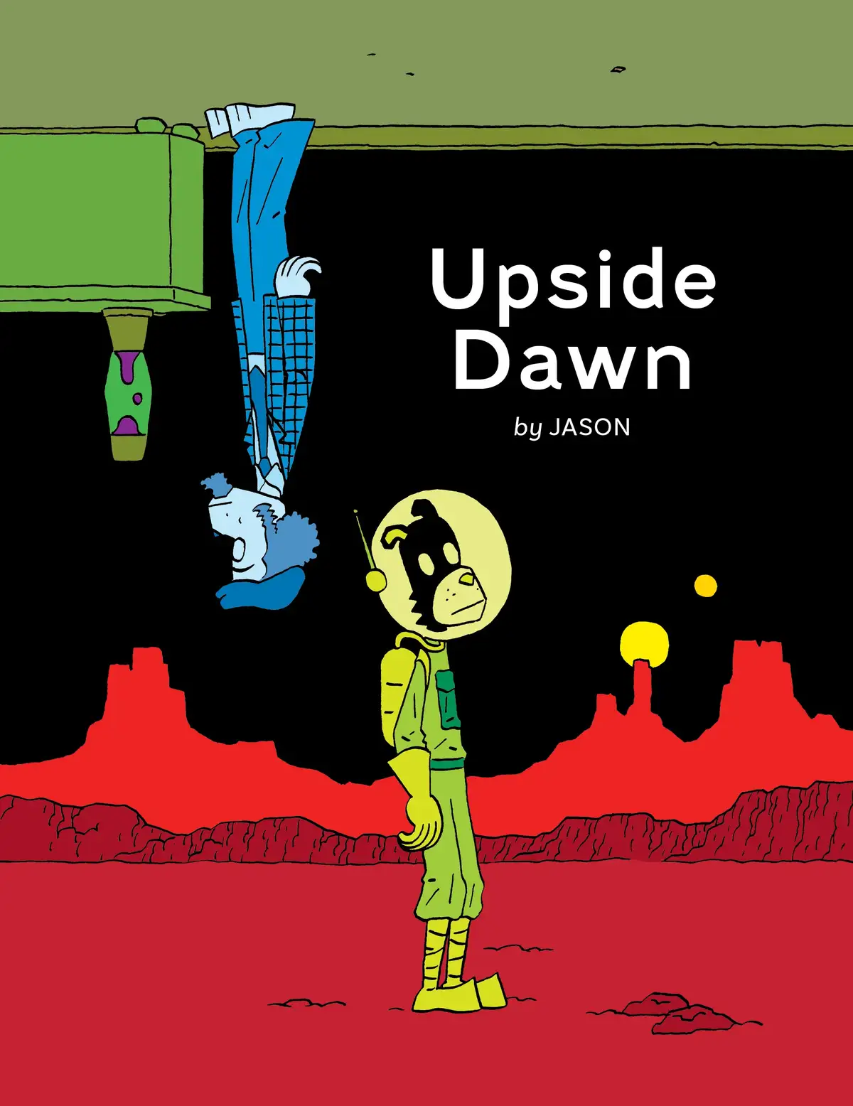 A cartoon astronaut in a yellow suit stands on a red alien landscape, looking up at a floating, upside-down cityscape with a…