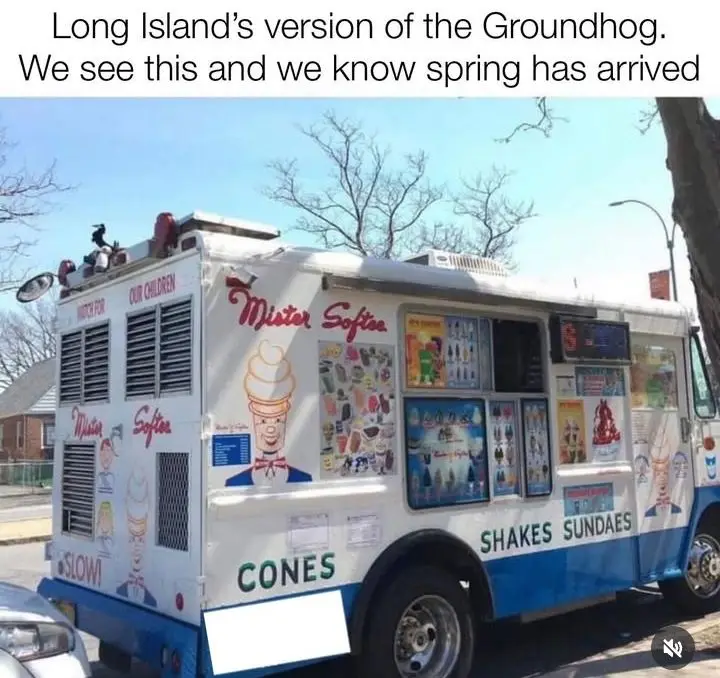 A white and blue Mister Softee ice cream truck is parked outdoors on a sunny day with bare trees in the background. The…