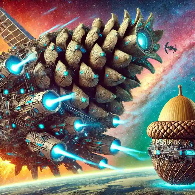 A massive, mechanical pinecone-shaped spaceship with glowing blue engines fires beams at a smaller acorn-shaped spaceship…