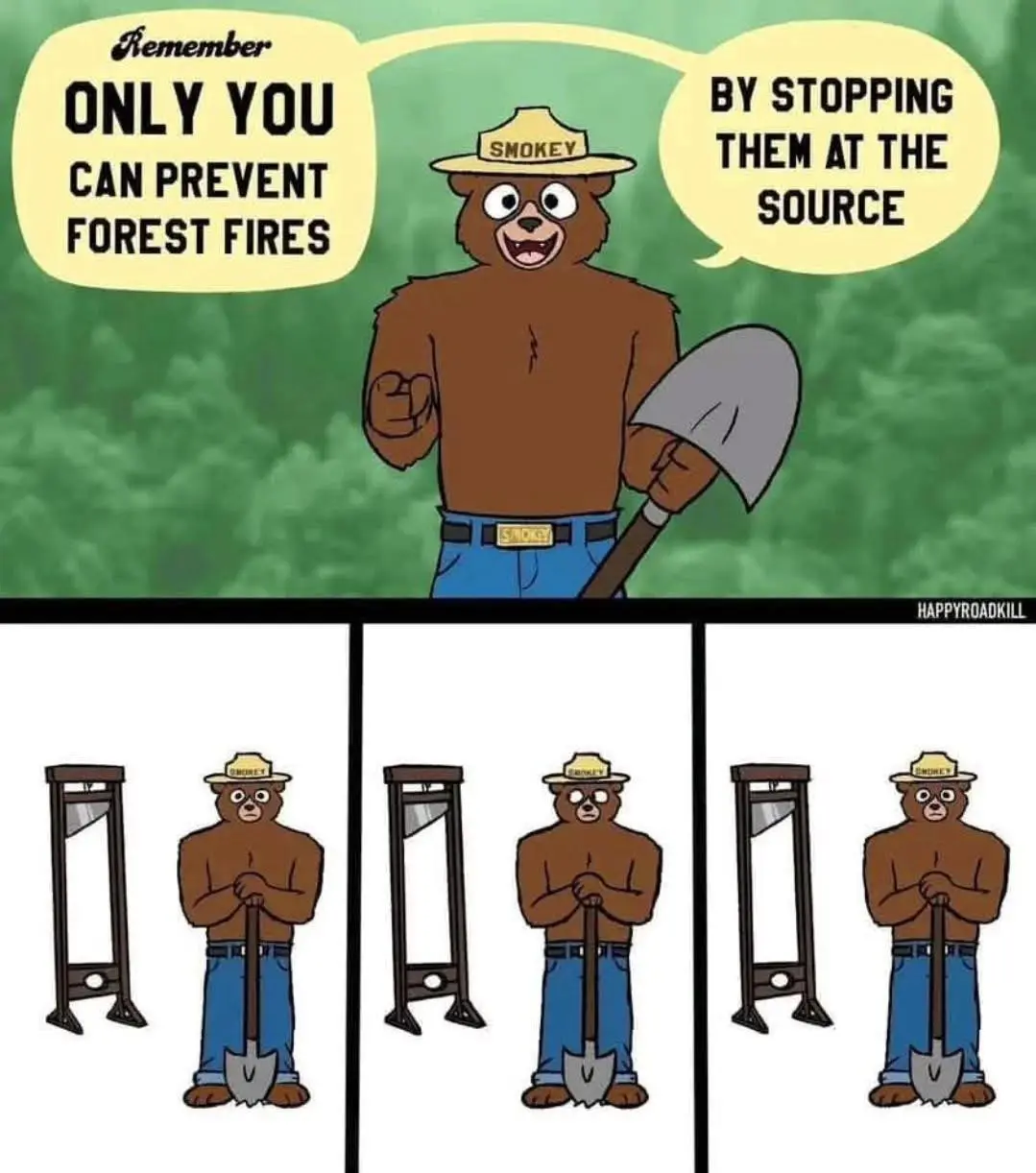 The image features Smokey the Bear, a cartoon brown bear wearing a ranger hat and blue jeans, holding a shovel. In the top…