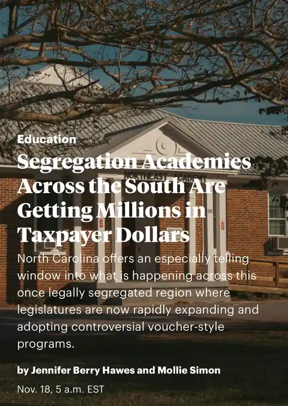 The image shows a brick school building labeled 'NORTHEAST ACADEMY' under a tree with bare branches. Overlaid white text…