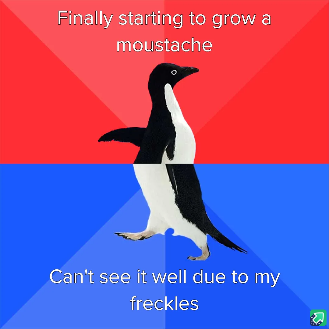 A penguin is split across a red and blue background, with text above reading 'Finally starting to grow a moustache' and…