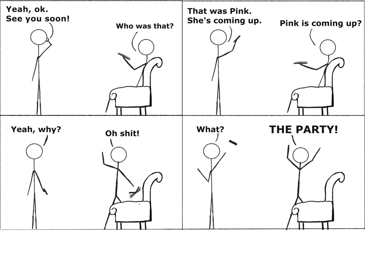 A six-panel comic strip featuring a stick figure character who initially dismisses a phone call, then panics upon learning…