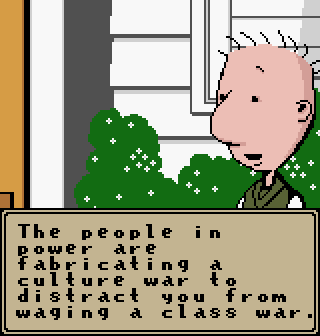 A pixelated cartoon man with spiky hair and a tired expression stands outdoors near bushes and a building. A beige text box…