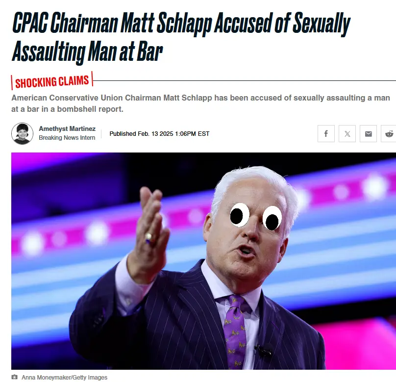 A screenshot of a fake news article with the headline 'CPAC Chairman Matt Schlapp Accused of Sexually Assaulting Man at Bar'…
