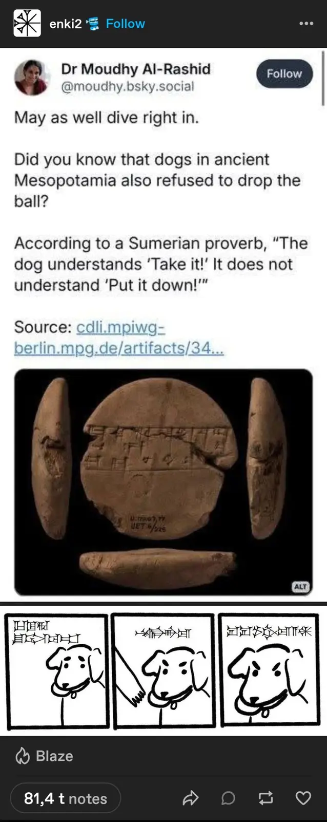 The image displays a social media post by Dr. Moudhy Al-Rashid, which includes a photo of ancient Sumerian clay tablets with…
