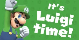 A cheerful Luigi from the Mario franchise, wearing his green cap and overalls, raises one fist in excitement against a green…