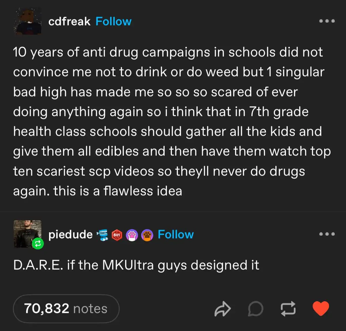 A screenshot of a Tumblr post where user 'cdfreak' suggests giving 7th graders edibles and showing them the top ten scariest…