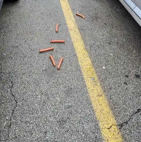 Several hot dogs are arranged on an asphalt road next to a yellow painted line, forming the shape of a downward-pointing…