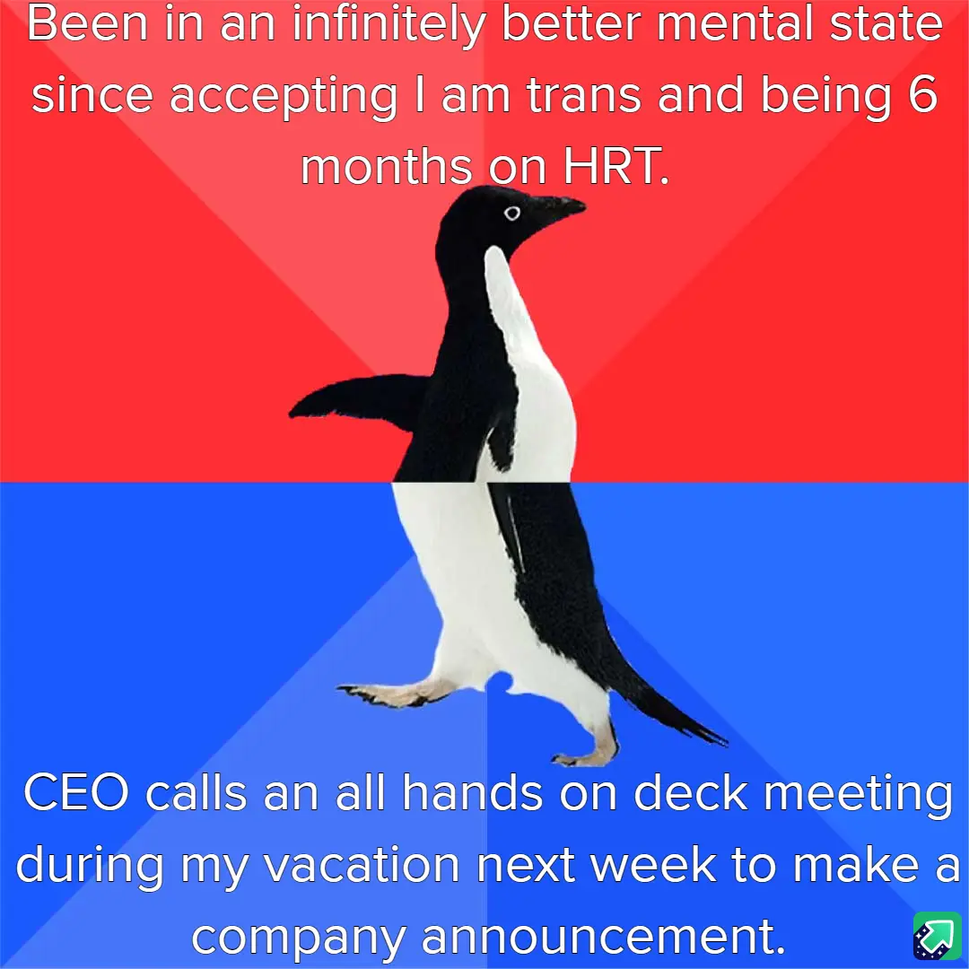 A penguin stands centered against a red and blue background, split horizontally. White text overlays the top red section…