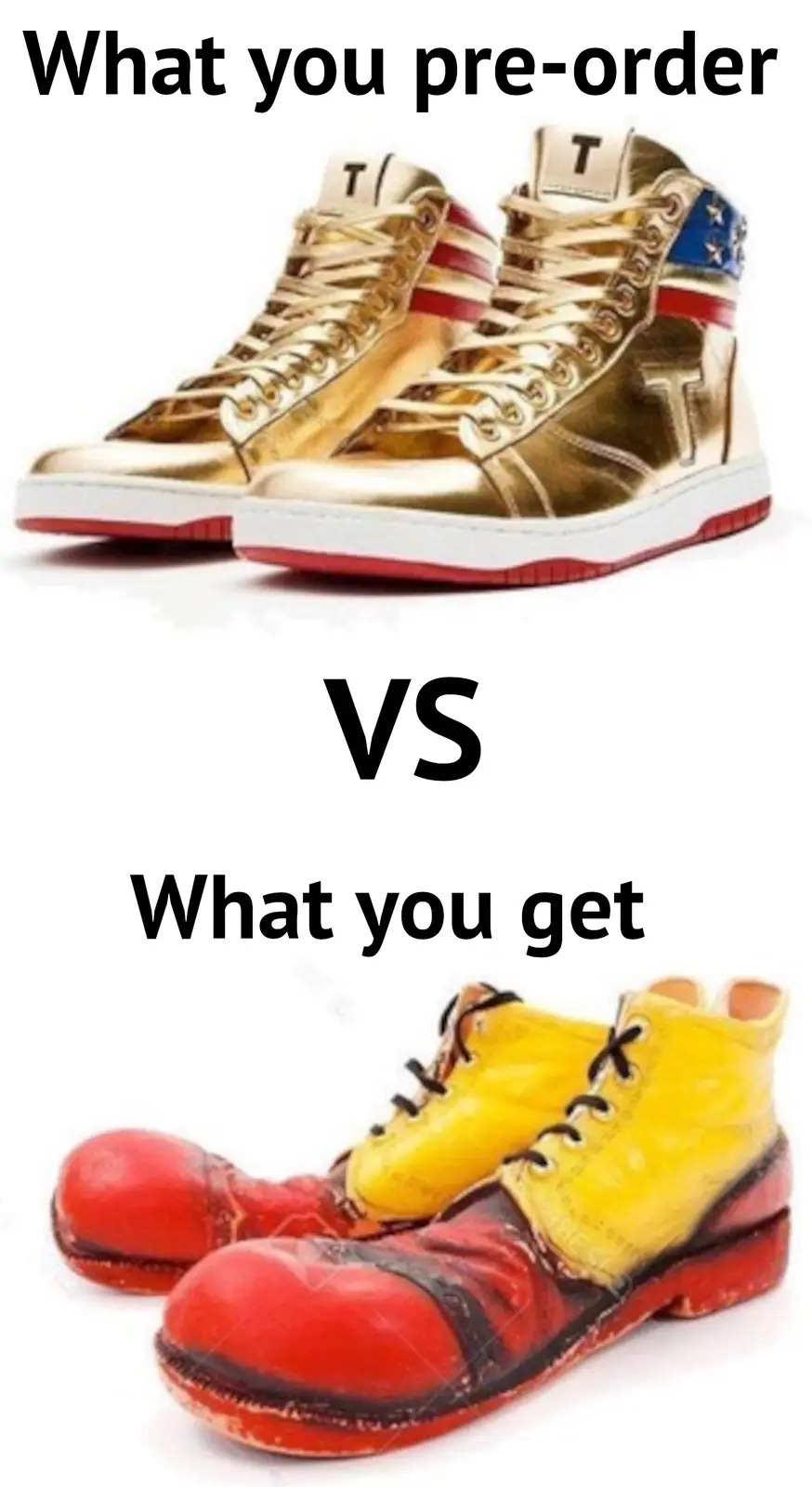 The image displays a split-screen comparison: the top half shows shiny gold high-top sneakers with American flag accents and…