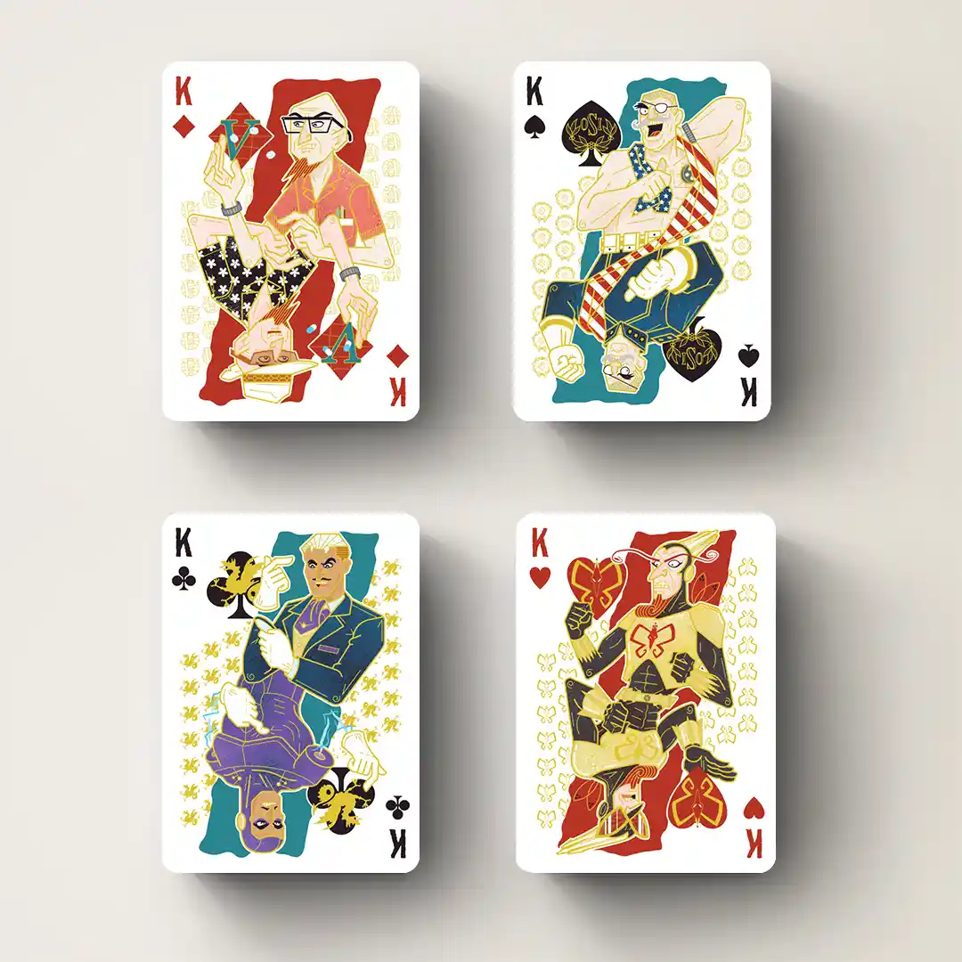 Four stylized playing cards, each depicting a different king figure in a unique, colorful, and exaggerated artistic style…