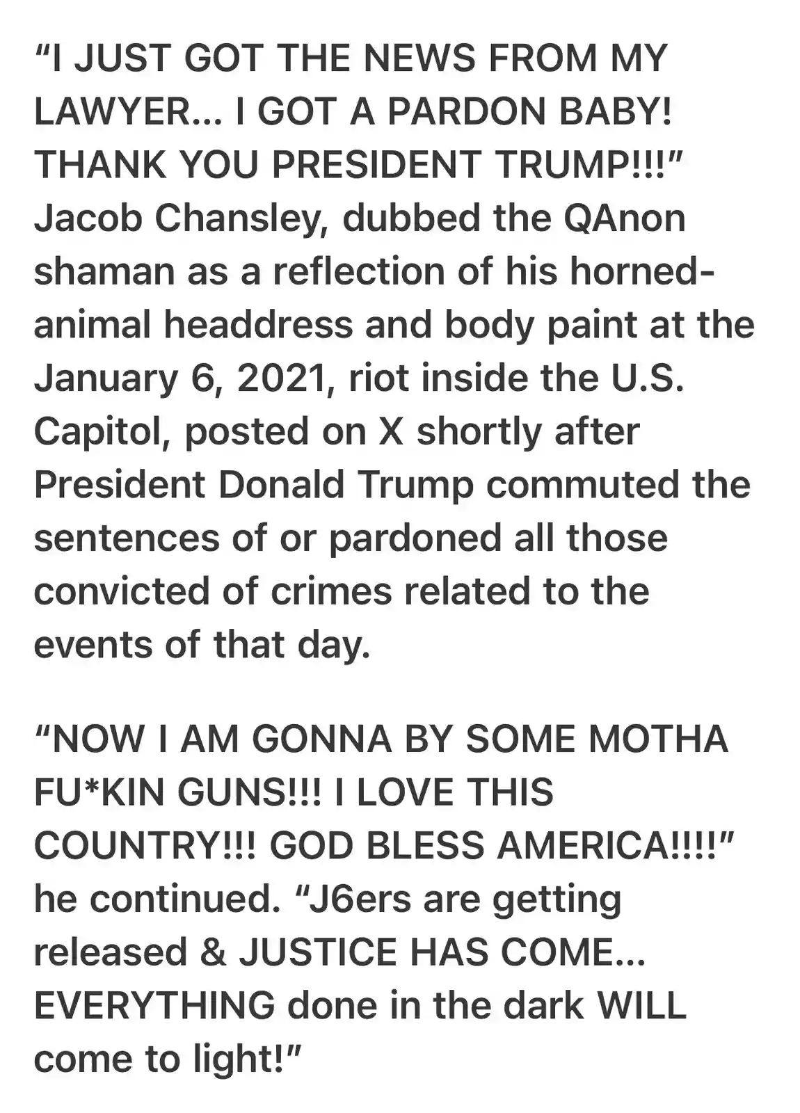 The image is a text-based meme featuring a quote from Jacob Chansley, known as the 'QAnon shaman,' who posted on X after…