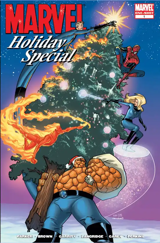 A Marvel comic book cover titled 'Holiday Special' shows the Fantastic Four in festive action around a giant Christmas tree…