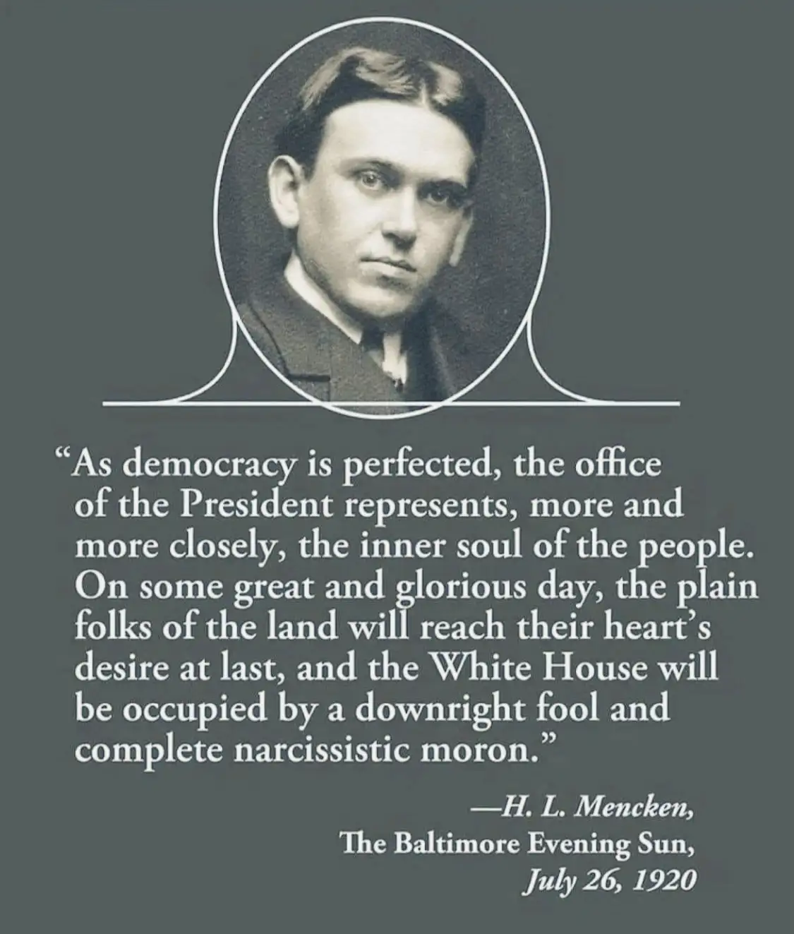 A vintage black-and-white portrait of H. L. Mencken is framed in an oval at the top of a dark gray background. Below the…