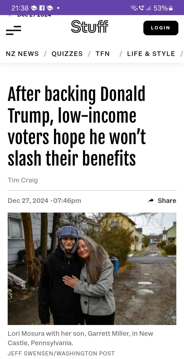 A screenshot of a news article from 'Stuff' dated Dec 27, 2024, with the headline 'After backing Donald Trump, low-income…