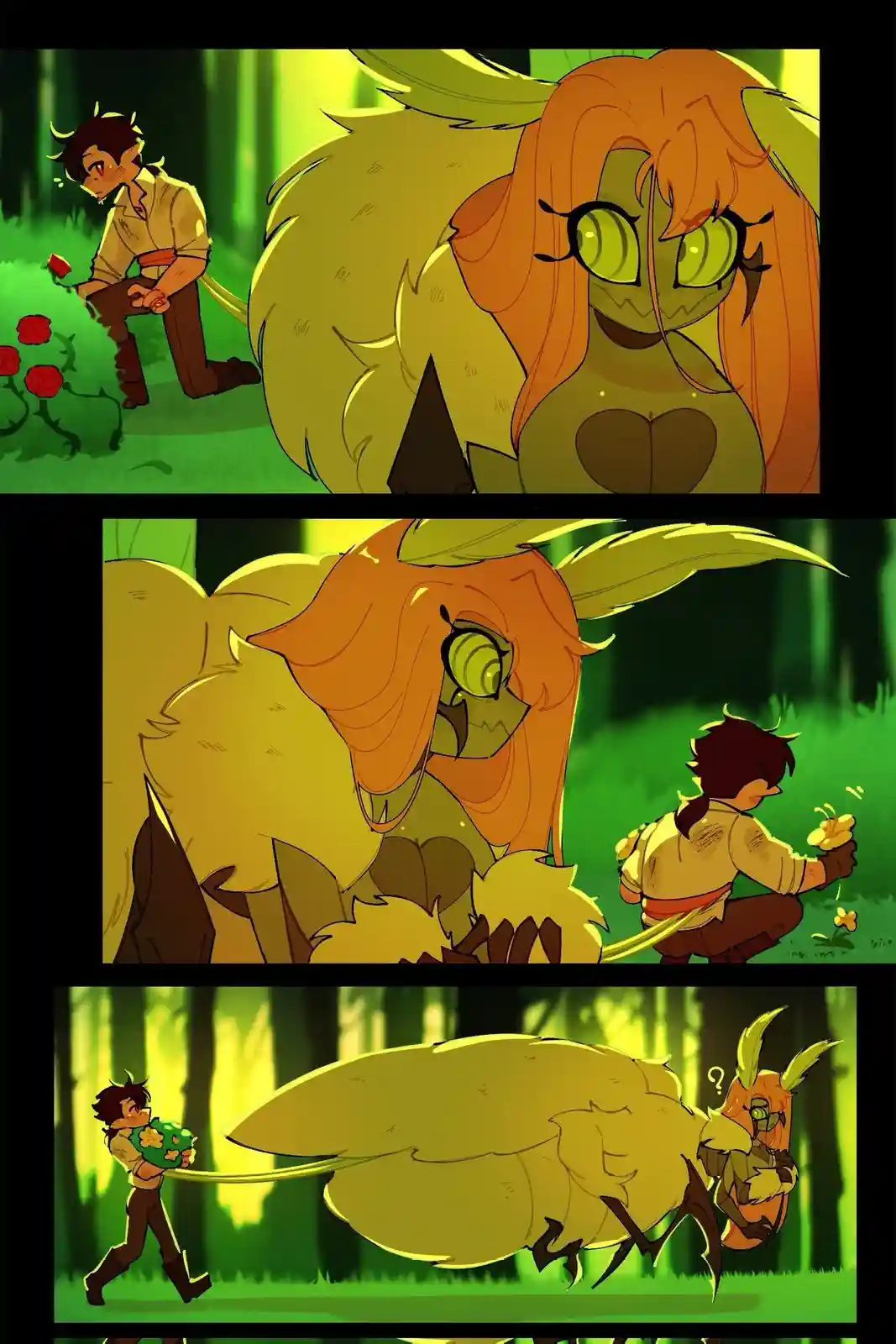A three-panel comic shows a small human-like character trying to impress a large, furry, green-skinned creature with…
