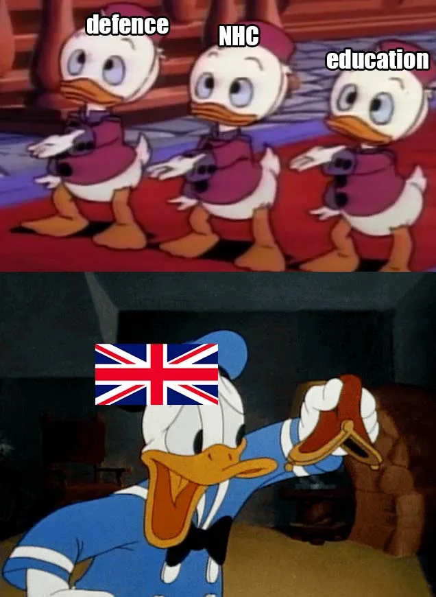 The top panel shows three identical cartoon ducklings in purple uniforms, each labeled with 'defence', 'NHC', and…
