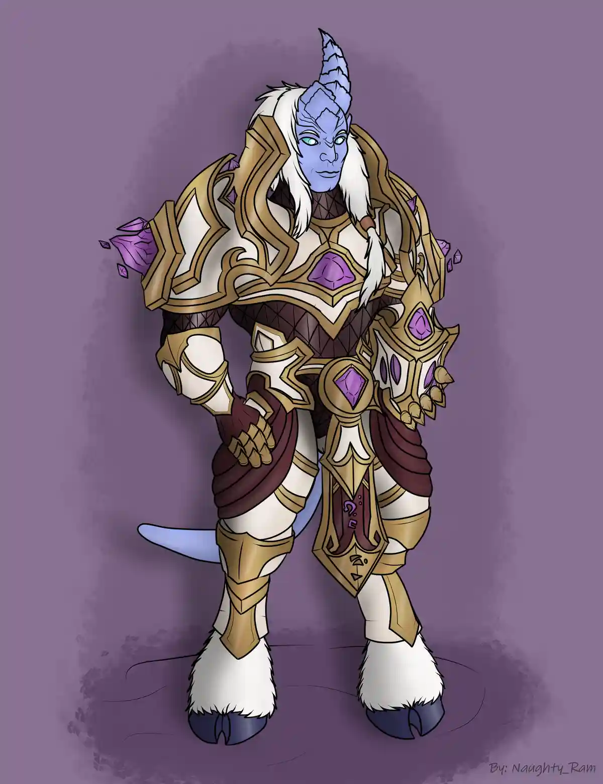 A blue-skinned, horned fantasy character with white hair and a tail stands in ornate gold and white armor adorned with…