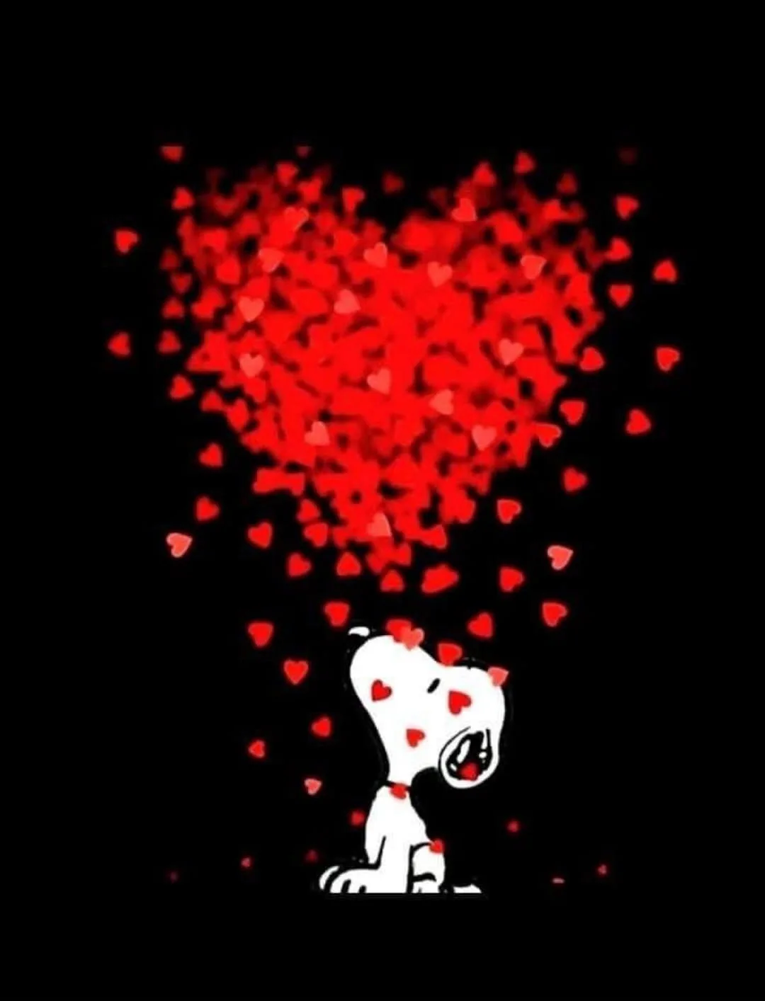 A black-and-white cartoon dog, Snoopy, sits looking up at a large heart-shaped cloud made of red hearts floating above him…