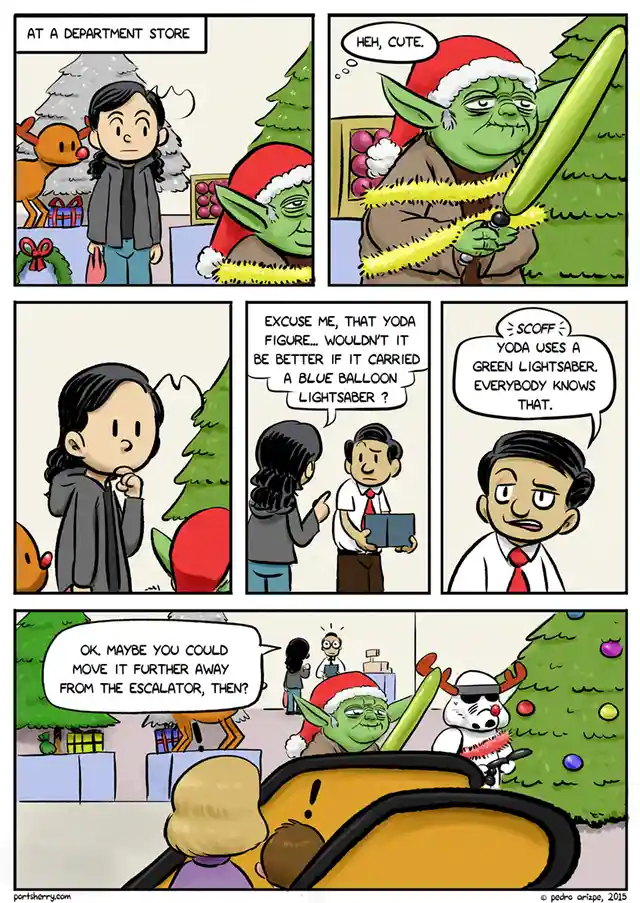 A comic strip shows a woman noticing a Yoda figure in a department store holding a green balloon lightsaber. She asks a…