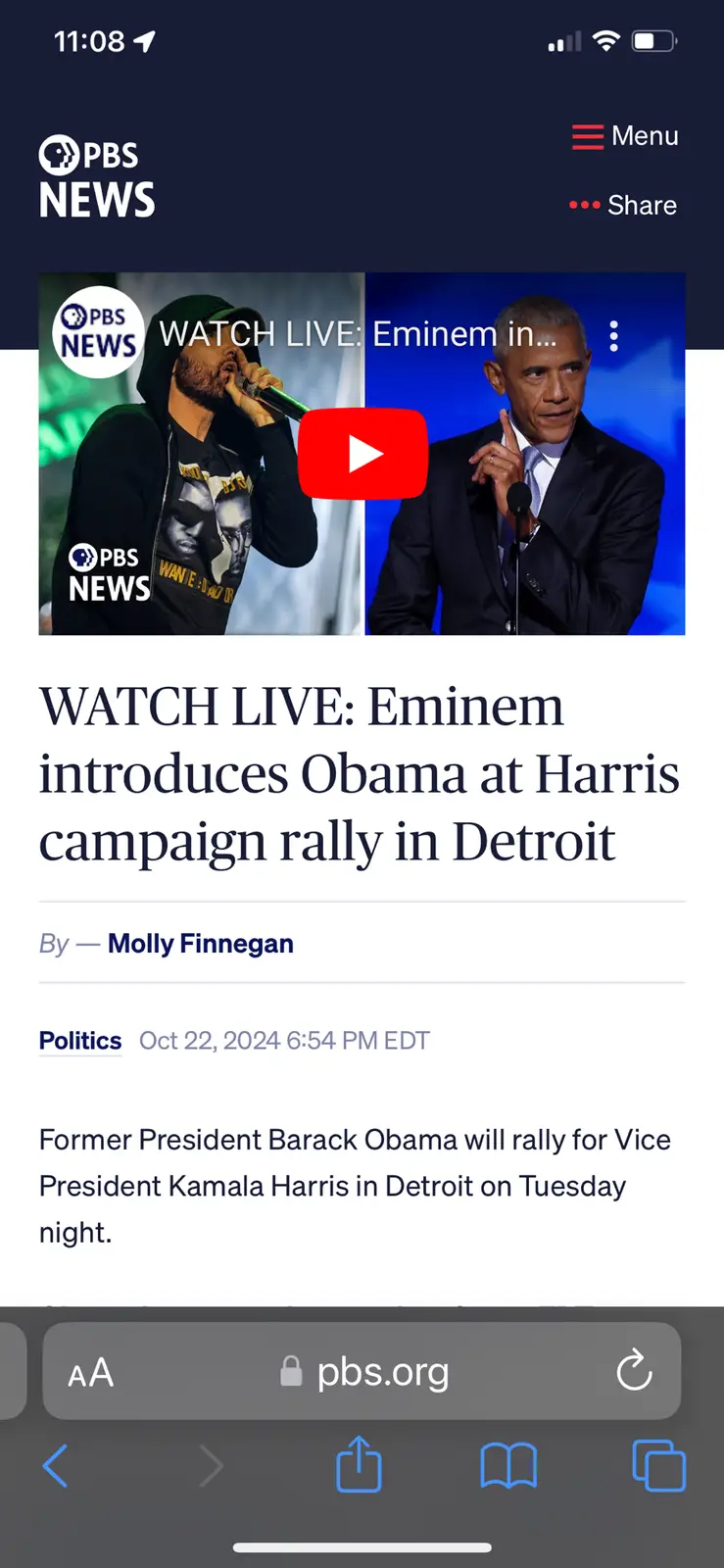 A screenshot of a PBS News mobile article shows a split image: rapper Eminem on the left holding a microphone, and former…