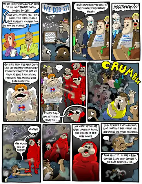 A multi-panel comic strip depicts a satirical political narrative where a news anchor celebrates a Republican strategy…