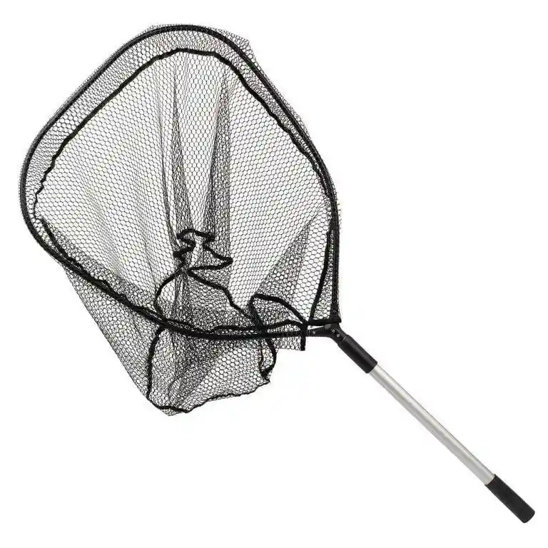 A black fishing net with a metal pole and black handle is shown against a white background. The net is slightly crumpled and…