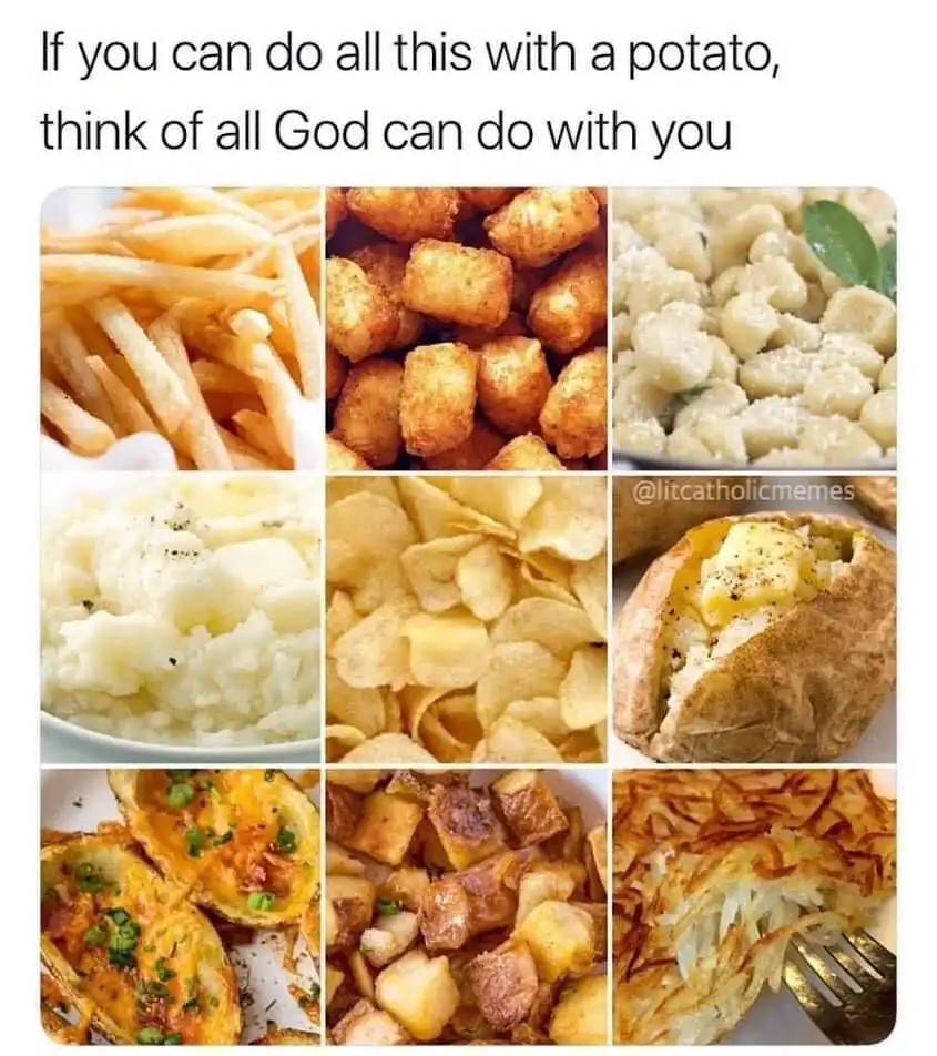 A nine-panel grid displays various potato dishes including french fries, tater tots, gnocchi, mashed potatoes, potato chips…