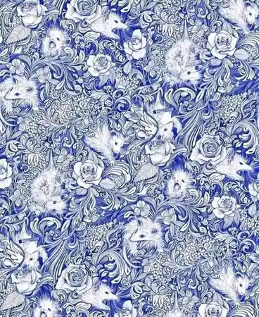 A dense, intricate blue-and-white pattern featuring repeating stylized hedgehogs, roses, and ornate floral swirls…