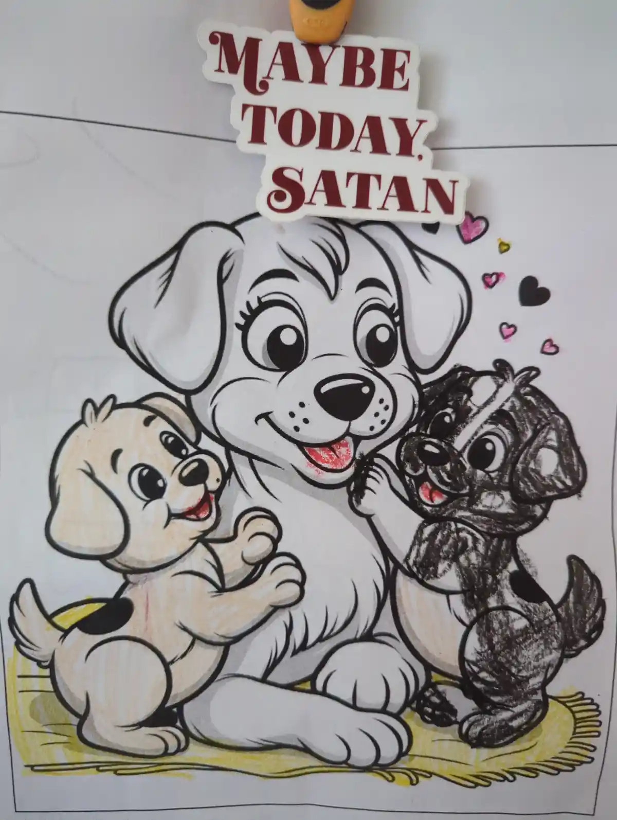 A hand-colored cartoon coloring page shows three cute puppies: a large white one in the center, a smaller cream one on the…