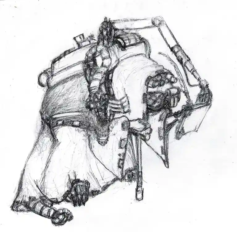 A sketch of a heavily armored, bulky figure in a crouched or kneeling position, appearing to be resting or intensely…