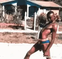 A sequence of six still frames shows a young boy in blue underwear walking outdoors, progressively revealing his bare…