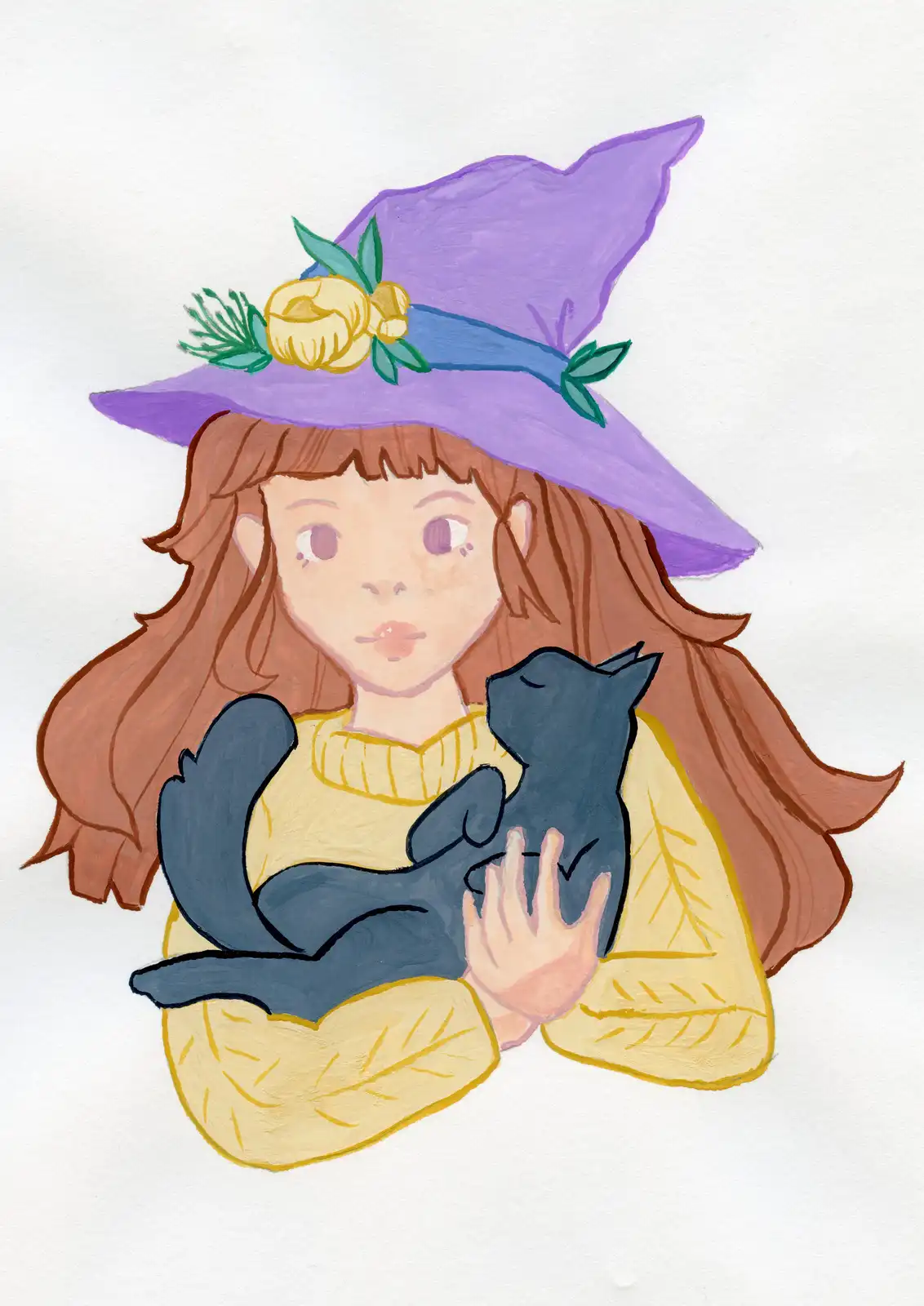 A hand-drawn illustration shows a girl with long brown hair wearing a purple witch hat decorated with yellow flowers and…