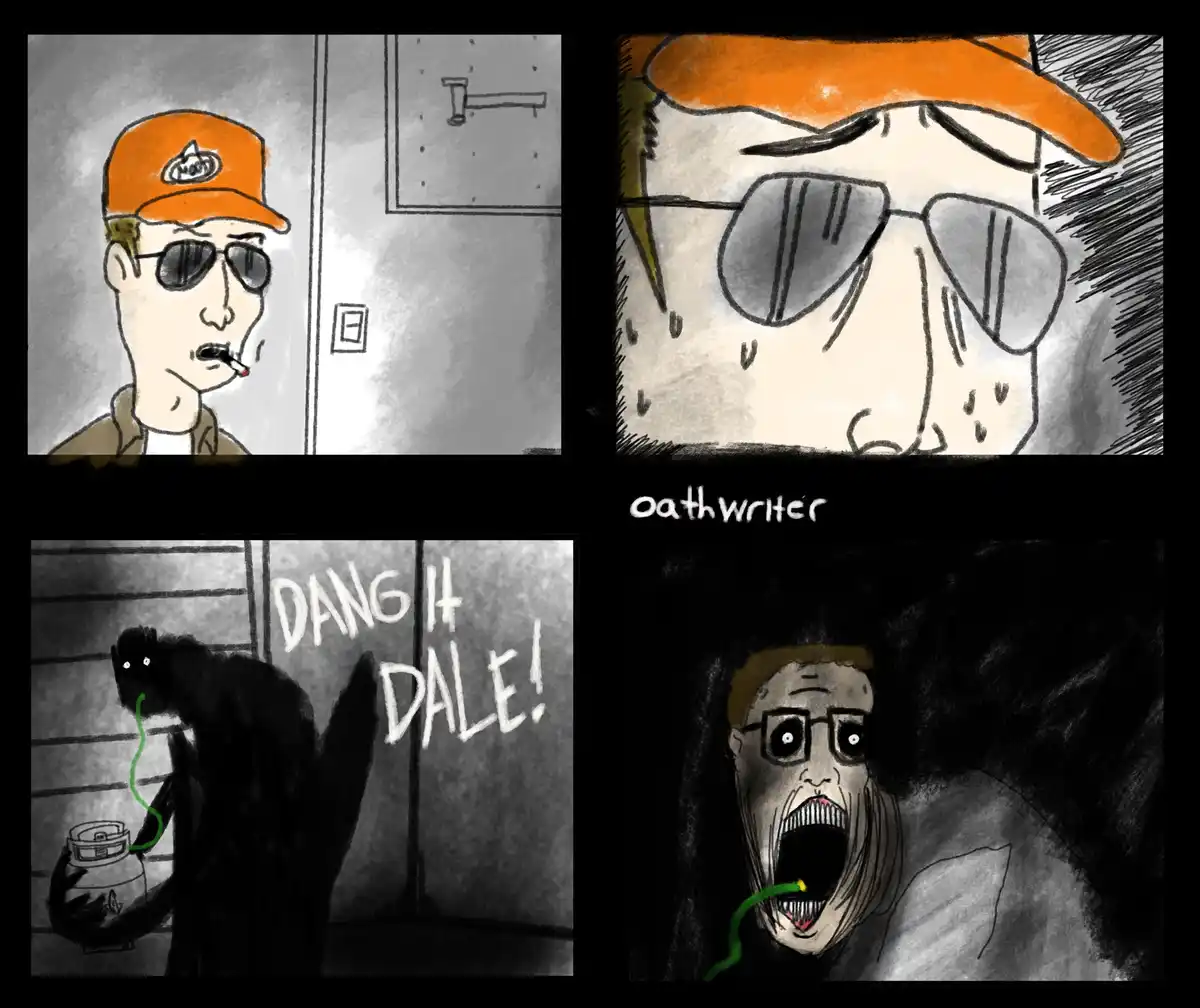 A four-panel comic strip shows a man in an orange cap and sunglasses smoking a cigarette, then sweating nervously. A shadowy…