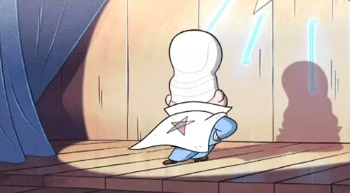 A cartoon pig chef in a white hat and blue coat walks toward a stage, then turns around with a nervous expression, finger to…