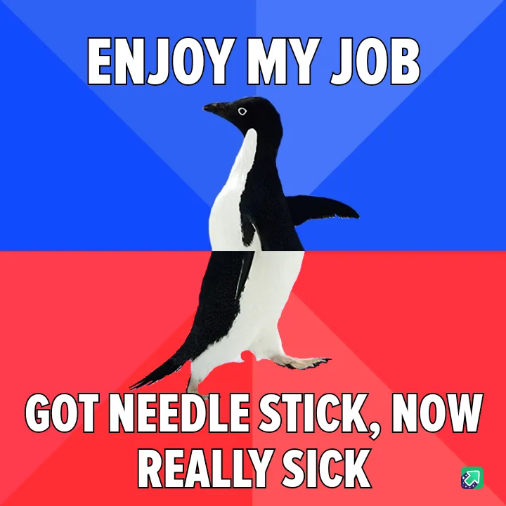A penguin stands centered against a blue and red background, with bold white text at the top reading 'ENJOY MY JOB' and at…